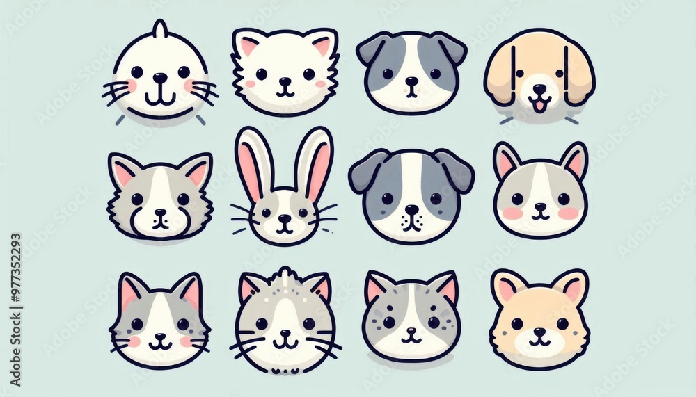 A set of vector art animal faces, including a cat, dog, and rabbit, with clean lines and flat colors, cute and simple A set of vector art animal faces, including a cat, dog, and rabbit, with clean lines and flat colors, cute and simple