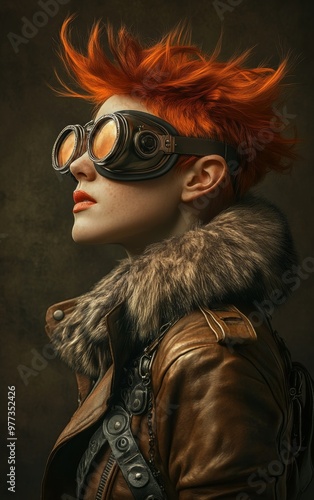 Portrait of a woman with red hair wearing steampunk goggles and a leather jacket with fur collar, set against a dark background.