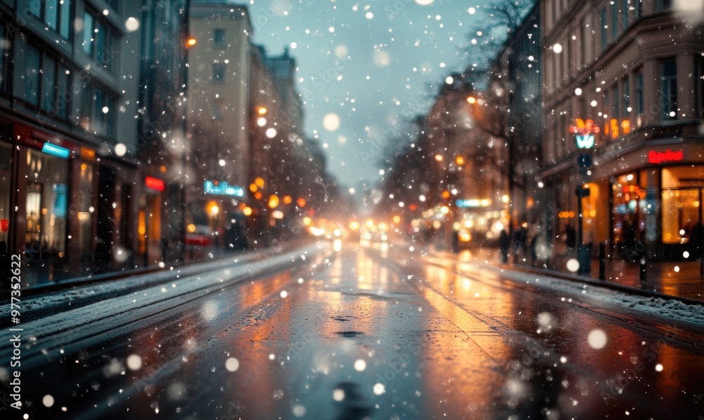 A snowy city street with a blurry background and a few people walking A snowy city street with a blurry background and a few people walking