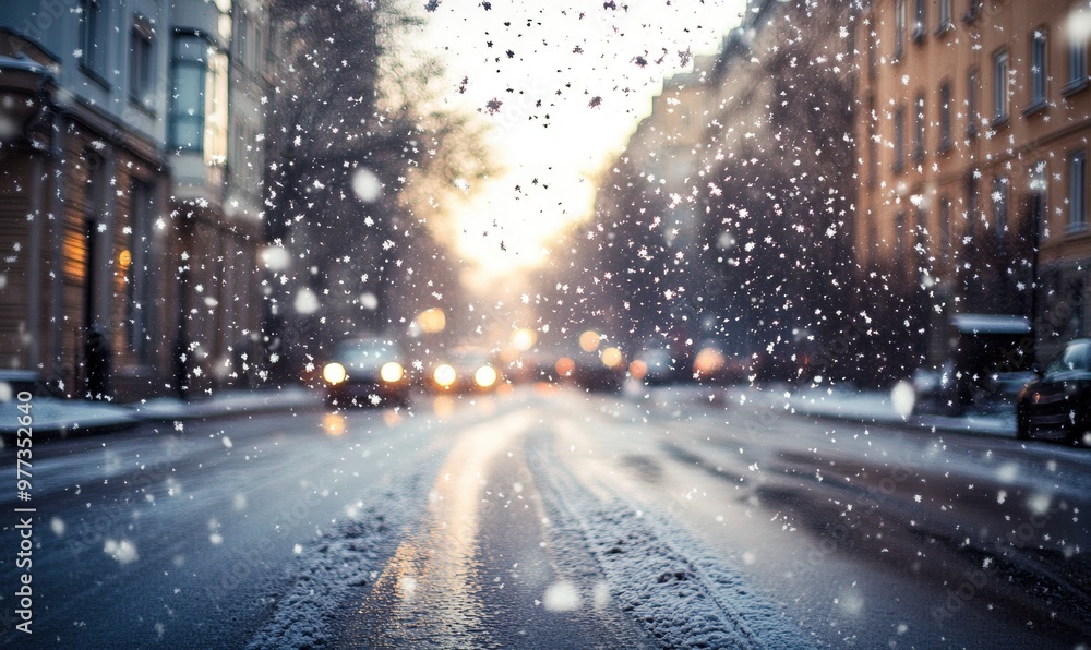 A blurry winter scene with snow on the ground and cars on the street A blurry winter scene with snow on the ground and cars on the street
