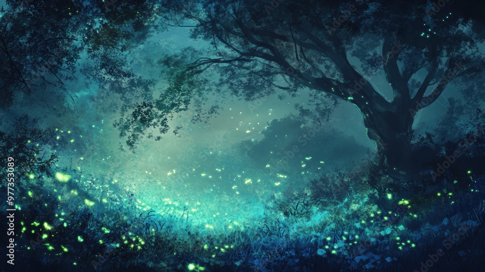 A mystical forest scene illuminated by glowing fireflies under a dark blue sky, creating a serene and enchanting atmosphere. A mystical forest scene illuminated by glowing fireflies under a dark blue sky, creating a serene and enchanting atmosphere.