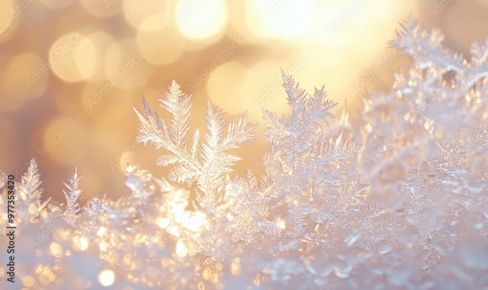 A close up of snowflakes with a warm, golden background A close up of snowflakes with a warm, golden background