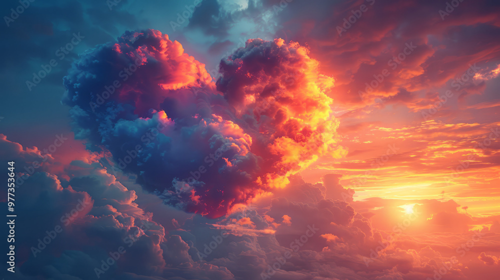 A romantic heart-shaped cloud formation in a vibrant sunset sky, A romantic heart-shaped cloud formation in a vibrant sunset sky,