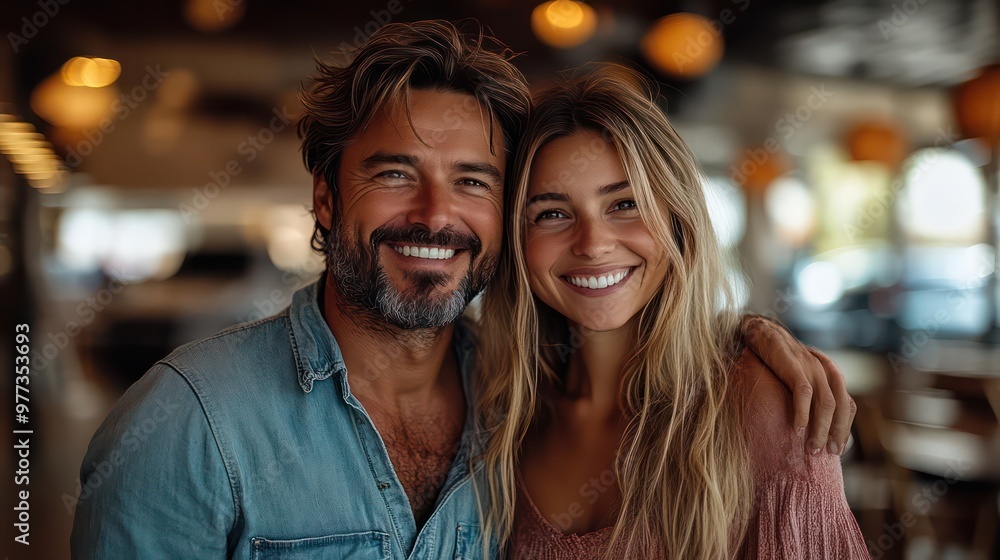 A man and woman are smiling for the camera A man and woman are smiling for the camera
