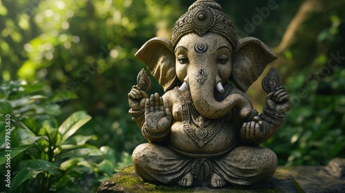 A serene statue of Ganesha surrounded by lush greenery, symbolizing wisdom and abundance in a tranquil natural setting.