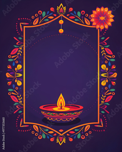 Traditional Diwali oil lamp. Rectangle frame with burning lit diya oil lamp on purple background. Deepavali greeting template with copy space. Hindu festival of lights, Pongal, Ugadi, Gudi Padwa.
