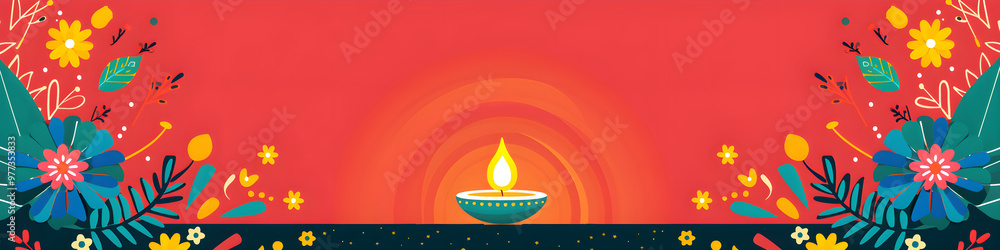 Banner with burning lit diya oil lamp on red background. Diwali, Deepavali greeting template with copy space. Hindu festival of lights. Pongal, Ugadi, Gudi Padwa. Traditional Indian holidays decor. Banner with burning lit diya oil lamp on red background. Diwali, Deepavali greeting template with copy space. Hindu festival of lights. Pongal, Ugadi, Gudi Padwa. Traditional Indian holidays decor.