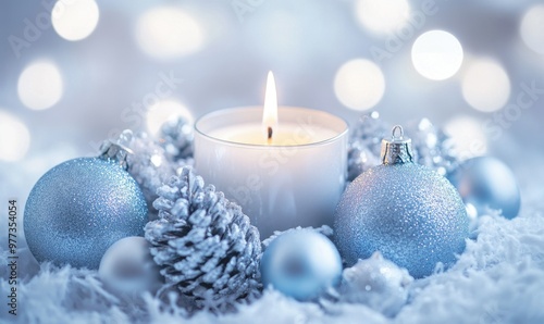 A candle is lit in a white candle holder with a pine cone and a blue ornament