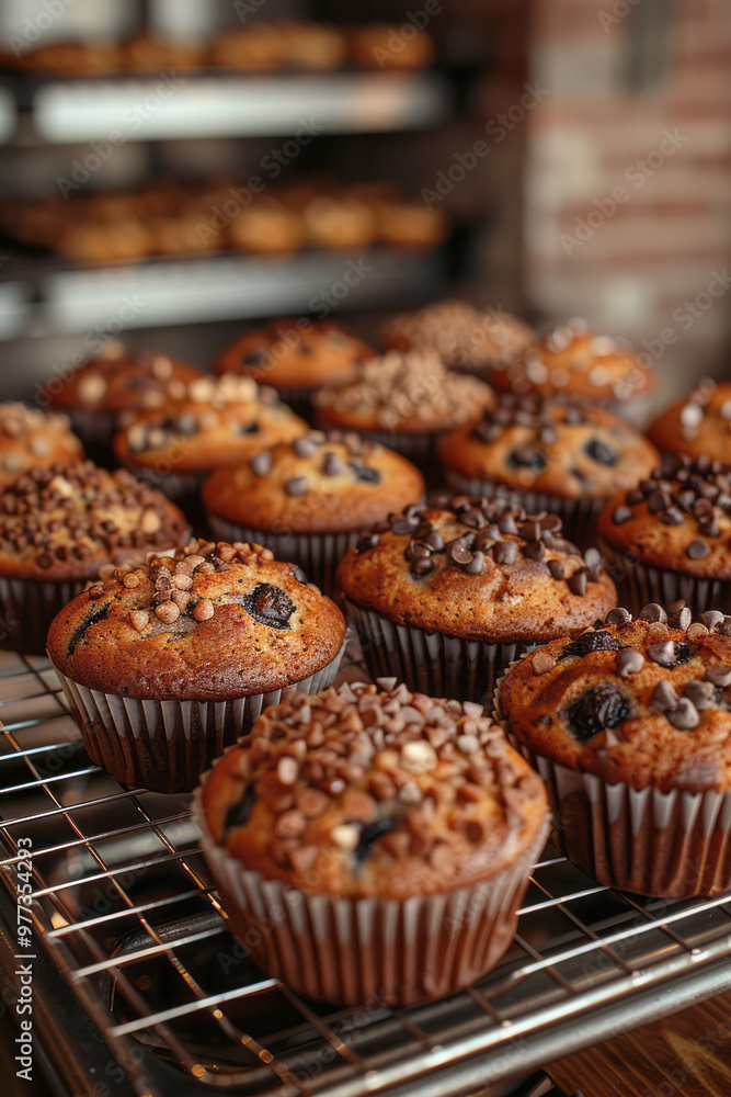A tray of freshly baked muffins cooling on a rack, A tray of freshly baked muffins cooling on a rack,
