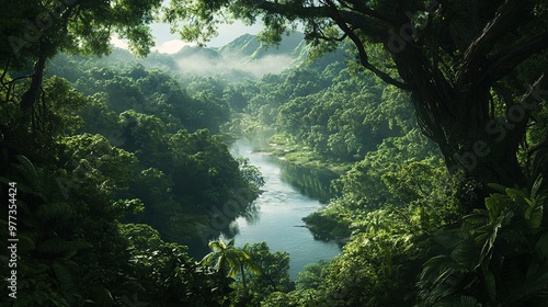 A breathtaking view of a dense forest with towering trees, lush green undergrowth, and a clear river winding through the landscape