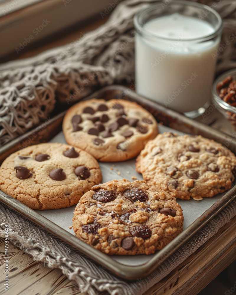 An arrangement of freshly baked cookies cooling on a parchment-lined tray, An arrangement of freshly baked cookies cooling on a parchment-lined tray,