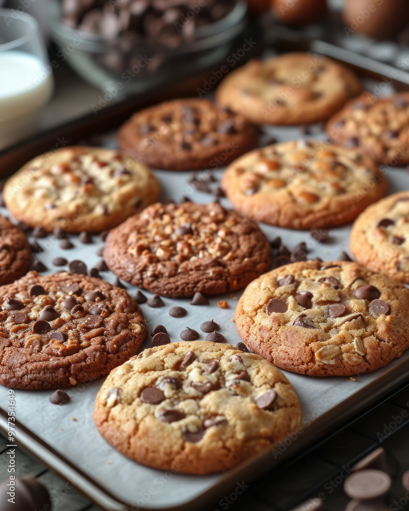 An arrangement of freshly baked cookies cooling on a parchment-lined tray, An arrangement of freshly baked cookies cooling on a parchment-lined tray,