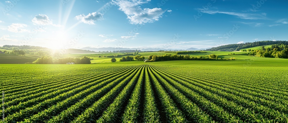 Lush green field under a bright sky, showcasing rows of crops and vibrant landscape, perfect for nature and agriculture themes. Lush green field under a bright sky, showcasing rows of crops and vibrant landscape, perfect for nature and agriculture themes.