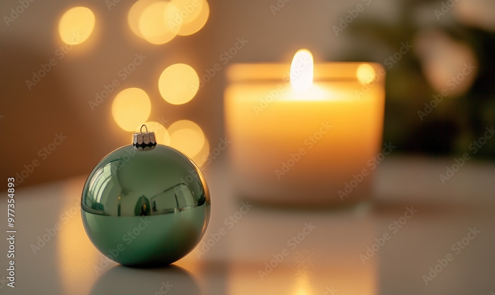 A green ornament sits on a table next to a candle