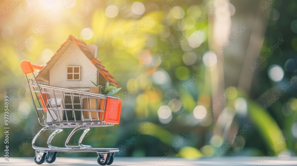 Miniature house in a shopping cart with nature bokeh in the background. Real estate and home buying concept. Miniature house in a shopping cart with nature bokeh in the background. Real estate and home buying concept.