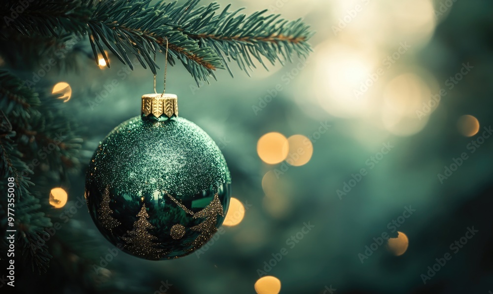 A green Christmas ornament hanging from a tree A green Christmas ornament hanging from a tree
