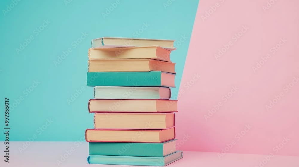 Stacked books on a pink background with a blue background. Generative Ai Stacked books on a pink background with a blue background. Generative Ai