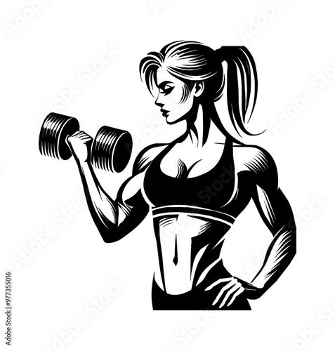 woman dumbbell silhouette engraving black and white outline