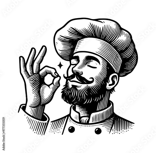 chef tasty hand gesture engraving black and white outline