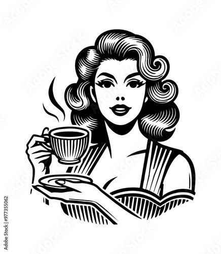 retro woman drinking coffee engraving black and white outline