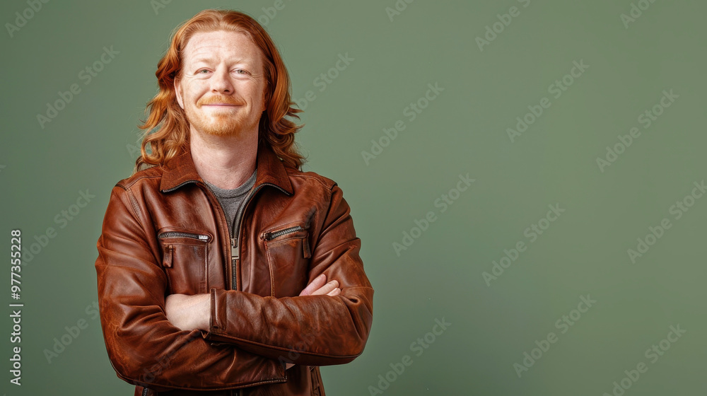 Cheerful adult man with red hair smiling confidently against a green background Cheerful adult man with red hair smiling confidently against a green background