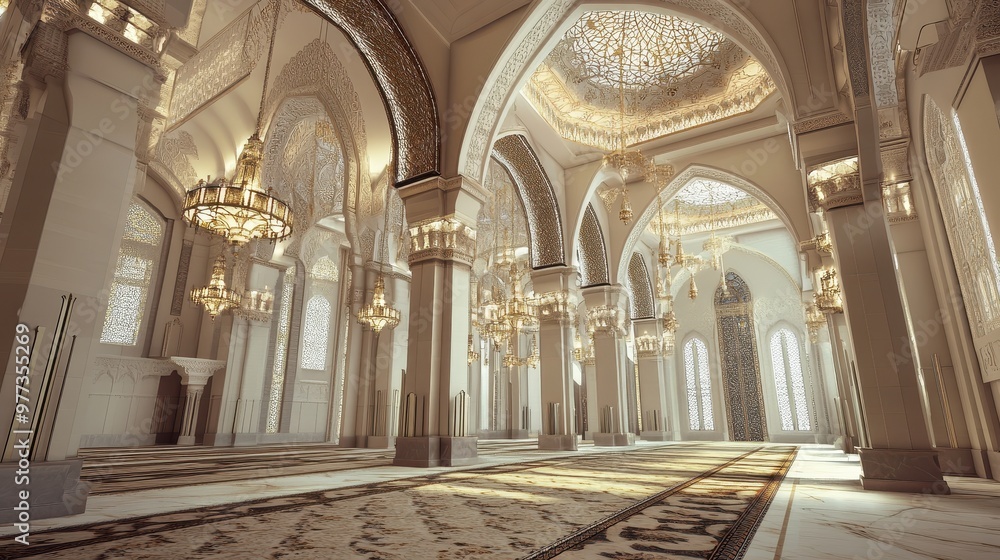 Fototapeta premium Interior View of Mosque with Geometric Patterns, Chandeliers, and Prayer Mats