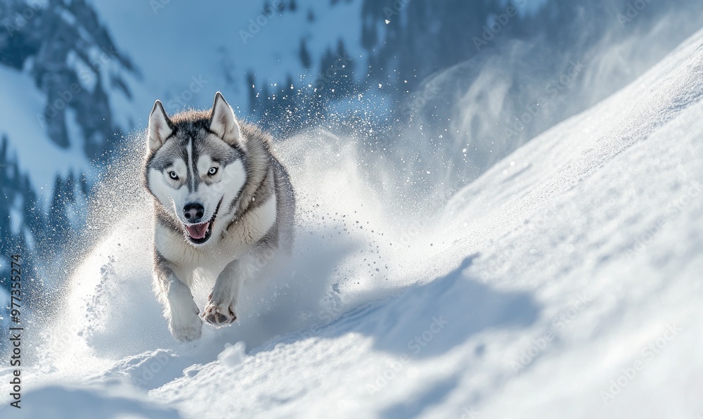 A dog is running through the snow, leaving a trail of snow behind it A dog is running through the snow, leaving a trail of snow behind it