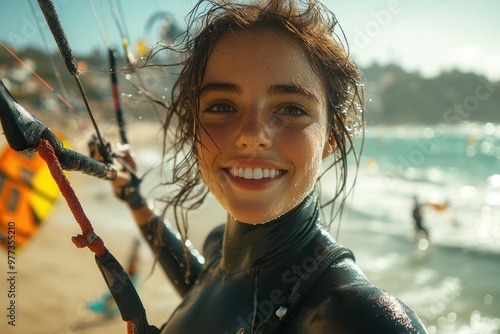 Smiling Woman in Wetsuit Holding Kiteboarding Equipment