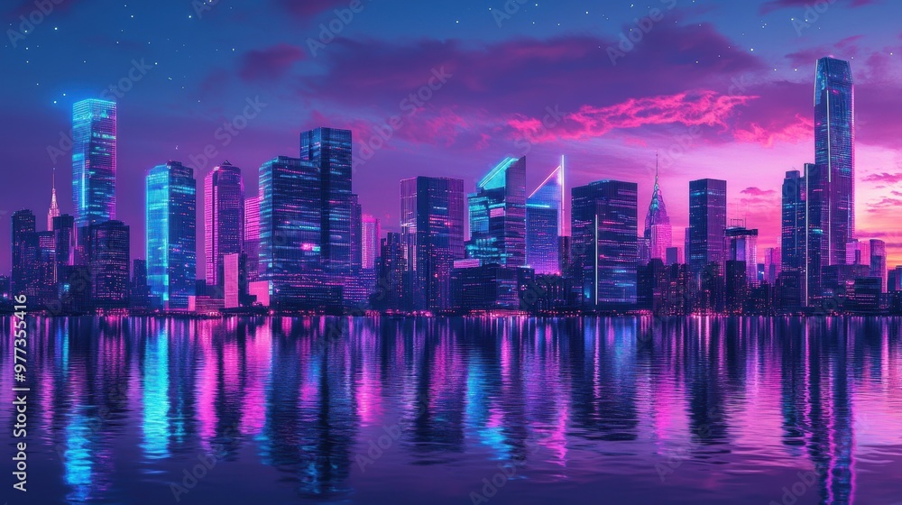 A vibrant city skyline at dusk, illuminated by colorful lights reflecting on the water, creating a stunning urban scene. A vibrant city skyline at dusk, illuminated by colorful lights reflecting on the water, creating a stunning urban scene.
