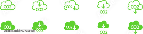 CO2 emissions into the atmosphere. Set of green vector CO2 icons. Set of simple abbreviation cloud signs. Green CO2 emission reduction signs.