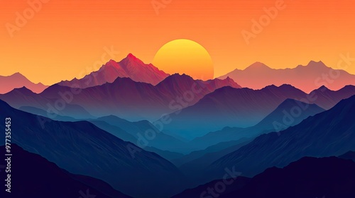 Mountain range silhouette during a vibrant sunset. Nature background