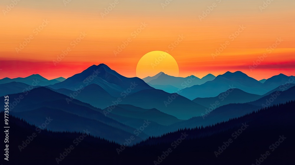 Fototapeta premium Mountain range silhouette during a vibrant sunset. Nature background