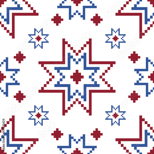 Cross Stitch,embroidery seamless.Geometric pixel ethnic patterns. American, Mexican,African, mediterranean, nordic,Aztec style.Trendy folk art background design for products, fabric, print,decorate.