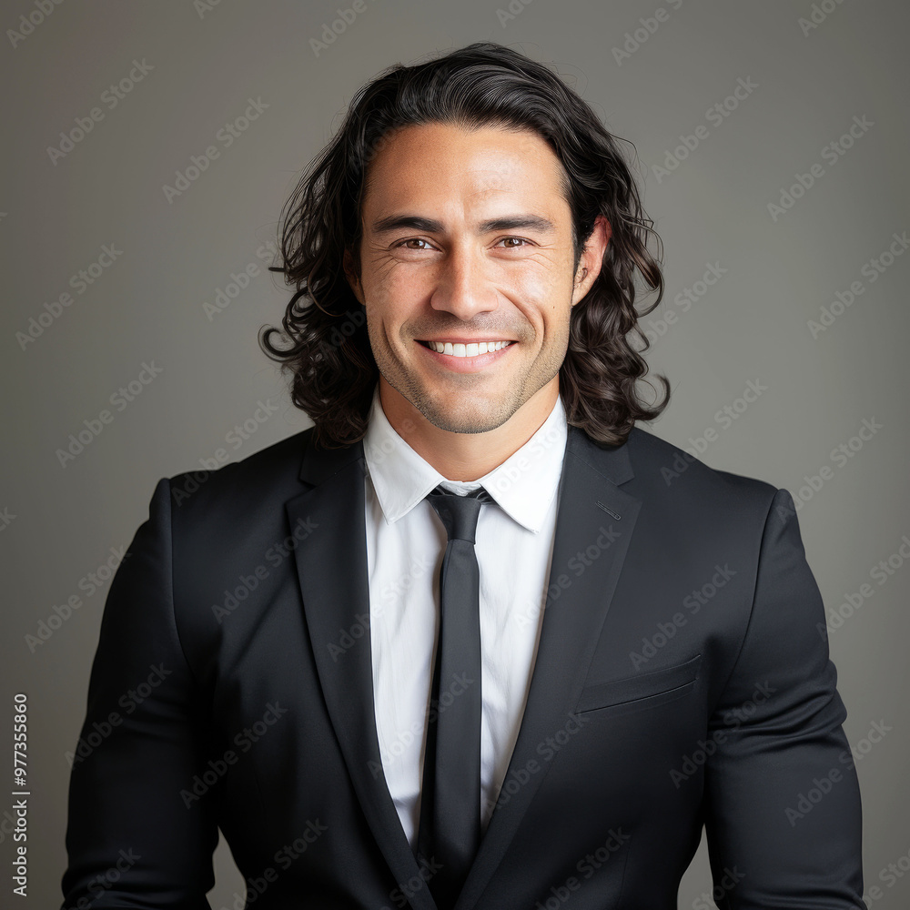 Smiling businessman in formal suit with long hair on gray background Smiling businessman in formal suit with long hair on gray background