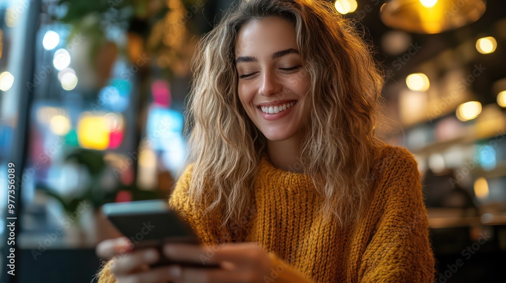 A woman is sitting at a table with a cell phone in her hand A woman is sitting at a table with a cell phone in her hand