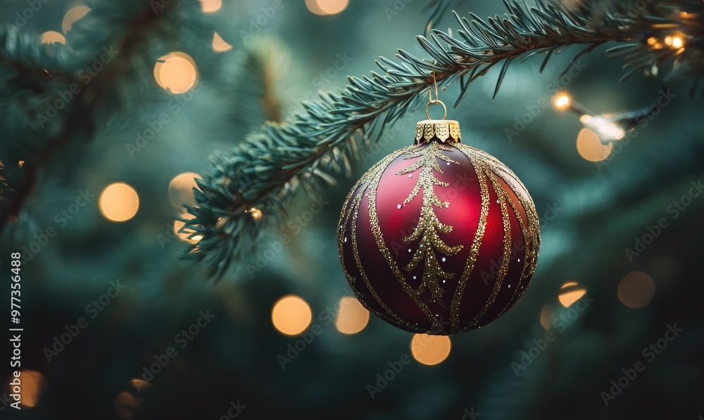 A red ornament hangs from a tree branch A red ornament hangs from a tree branch