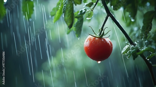 A red tomato dangles from a tree in the rain, surrounded by drops of water, evoking a serene, tranquil mood. photo