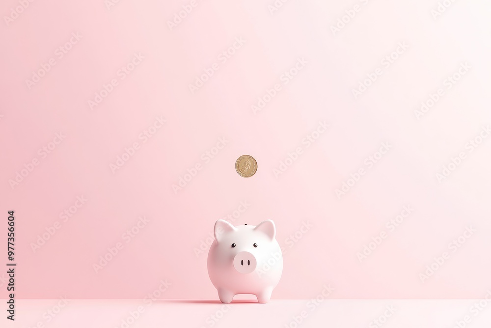 Piggy bank pig on a uniform background, a coin is inserted from above Piggy bank pig on a uniform background, a coin is inserted from above