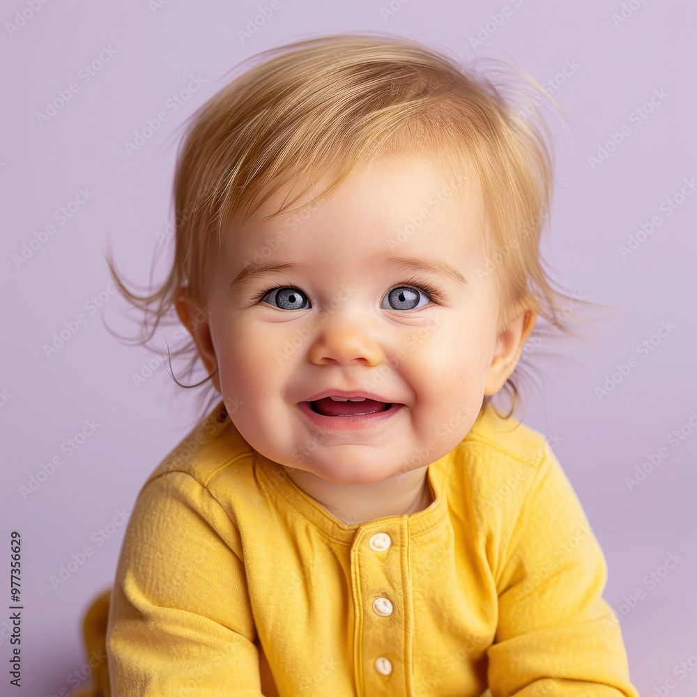 Adorable baby with platinum blonde hair smiling brightly in a yellow outfit against a soft purple background, showcasing innocence and joy Adorable baby with platinum blonde hair smiling brightly in a yellow outfit against a soft purple background, showcasing innocence and joy