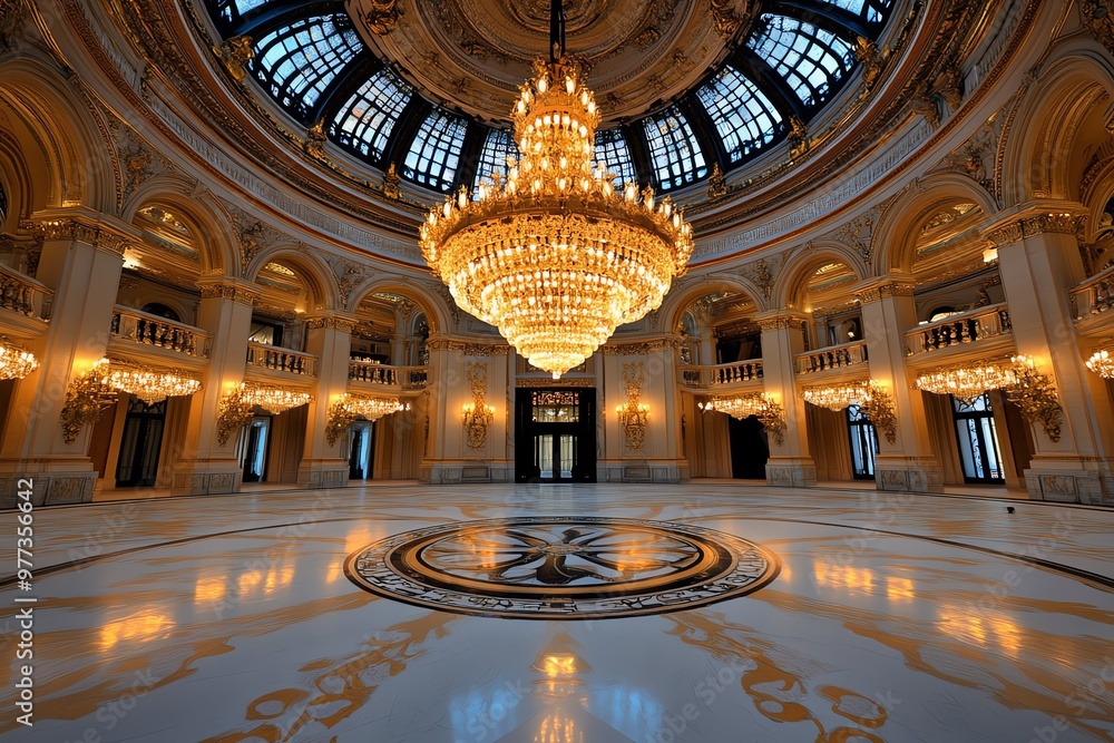 Obraz premium A chandelier sparkling in an opulent ballroom, casting soft light across the ornate room
