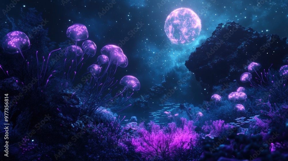 A vibrant underwater scene featuring glowing jellyfish and coral under a mystical moonlit sky. A vibrant underwater scene featuring glowing jellyfish and coral under a mystical moonlit sky.