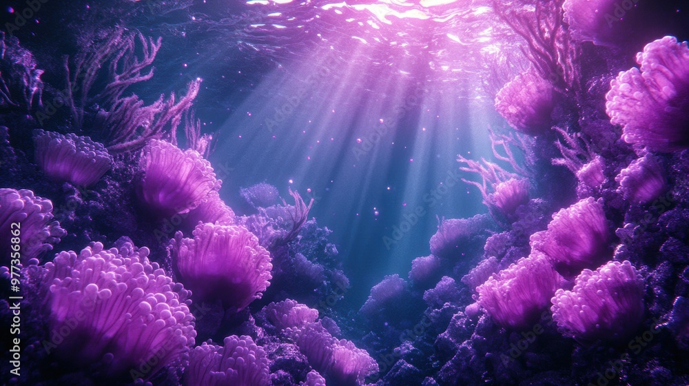 Fototapeta premium A vibrant underwater scene showcasing purple coral formations illuminated by soft rays of sunlight filtering through the water.
