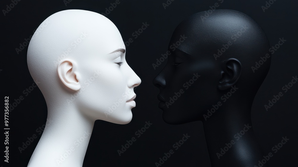 Fototapeta premium Elegant contrast of two mannequin heads, one white and one black, showcasing beauty and diversity in a minimalist composition.