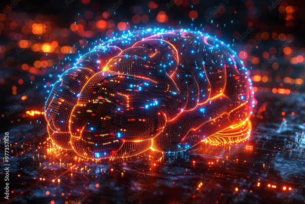 A brain made out of shimmering digital pixels and code, A brain made out of shimmering digital pixels and code,
