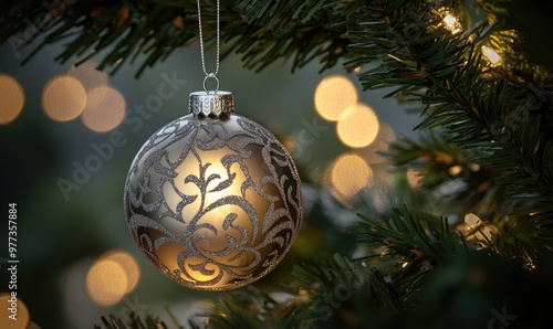 A silver ornament hanging from a Christmas tree