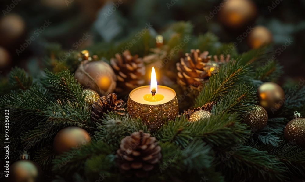 A candle is lit in a wreath of pine needles and gold ornaments A candle is lit in a wreath of pine needles and gold ornaments