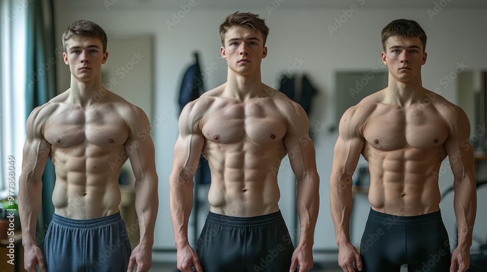 Three men with very muscular bodies stand side by side Three men with very muscular bodies stand side by side