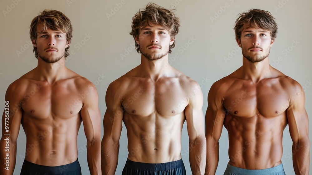 Three men with muscular bodies stand side by side Three men with muscular bodies stand side by side