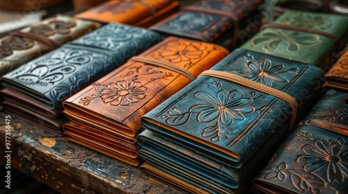 Designer leather notebooks on the table. Stylish notebooks