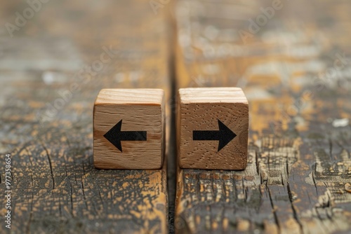 Arrow symbols on wooden cubes splitting into different directions towards right or wrong choices. Following the right or wrong path or choosing the right or wrong way photo